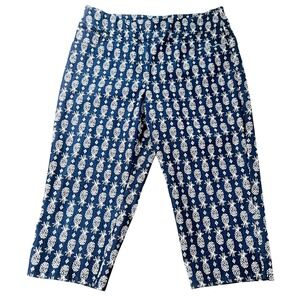 Ruby‎ Rd Petite Capri Cropped Pants 14P Pineapple Navy Pull On Picnic Swinger